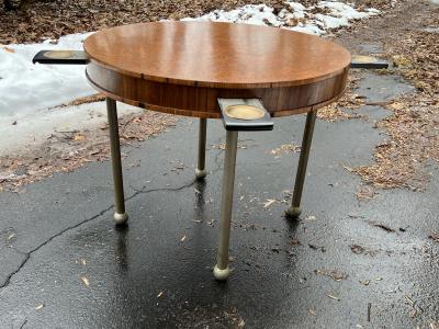 ART DECO BURLWOOD AND NICKELED BRONZE GAME TABLE WITH PULL OUT DRINK TRAYS