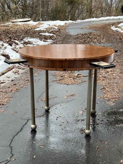 ART DECO BURLWOOD AND NICKELED BRONZE GAME TABLE WITH PULL OUT DRINK TRAYS