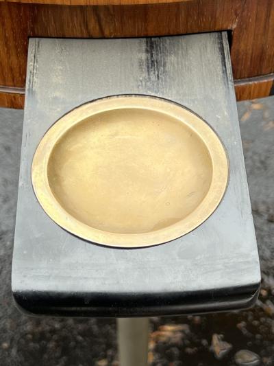 ART DECO BURLWOOD AND NICKELED BRONZE GAME TABLE WITH PULL OUT DRINK TRAYS