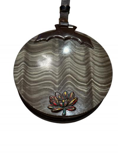 ART DECO CELLULOID LEATHER STRAP FLAPPER PURSE WITH FLOWER DETAIL