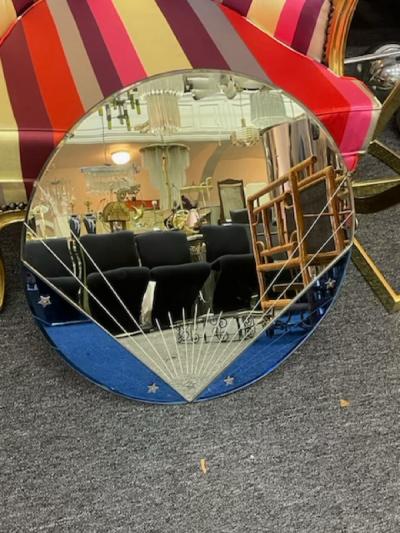ART DECO CLEAR AND BLUE ROUND MIRROR WITH STAR ACCENTS
