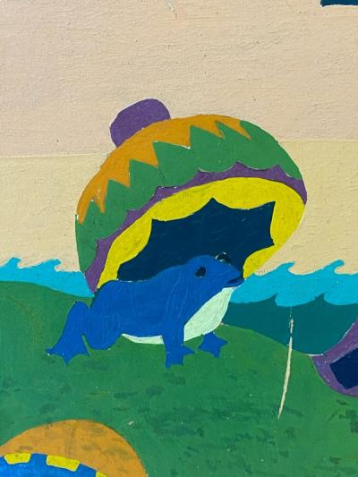 ART DECO CUBIST FROG IN GEOMETRIC LANDSCAPE PAINTED DECORATIVE FIRESCREEN