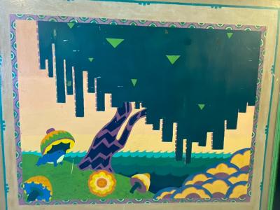 ART DECO CUBIST FROG IN GEOMETRIC LANDSCAPE PAINTED DECORATIVE FIRESCREEN