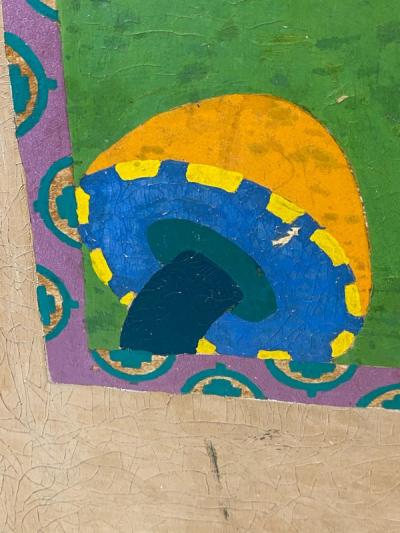 ART DECO CUBIST FROG IN GEOMETRIC LANDSCAPE PAINTED DECORATIVE FIRESCREEN