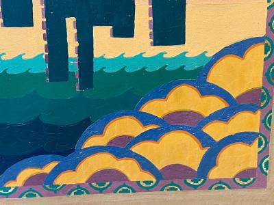 ART DECO CUBIST FROG IN GEOMETRIC LANDSCAPE PAINTED DECORATIVE FIRESCREEN