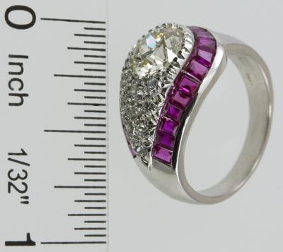 ART DECO DIAMOND AND RUBY CLUSTER PLATINUM RING