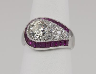 ART DECO DIAMOND AND RUBY CLUSTER PLATINUM RING