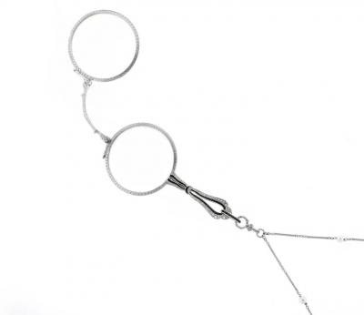 ART DECO DIAMOND AND SPINEL LORGNETTE WITH PEARL AND PLATINUM CHAIN