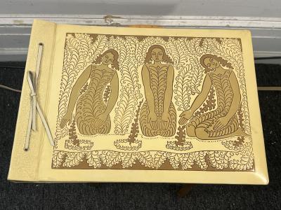 ART DECO EMBOSSED LEATHER THREE FEMALE FIGURE SCRAPBOOK PHOTO ALBUM UNUSED