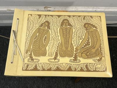 ART DECO EMBOSSED LEATHER THREE FEMALE FIGURE SCRAPBOOK PHOTO ALBUM UNUSED