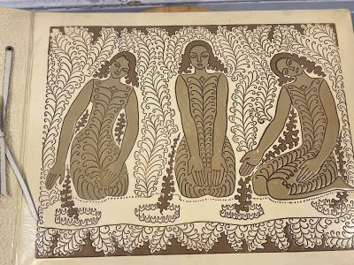 ART DECO EMBOSSED LEATHER THREE FEMALE FIGURE SCRAPBOOK PHOTO ALBUM UNUSED