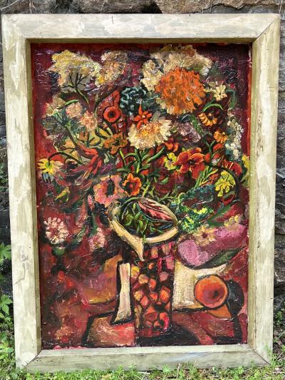 ART DECO ERA CUBISTIC ABSTRACT COLORFUL FLORAL STILL LIFE PAINTING ON MASONITE