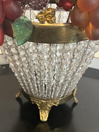 ART DECO ERA CZECH GLASS FRUIT AND CRYSTAL BRASS BASKET ACCENT LAMP