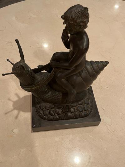 ART DECO ERA NUDE BOY RIDING SNAIL BRONZE