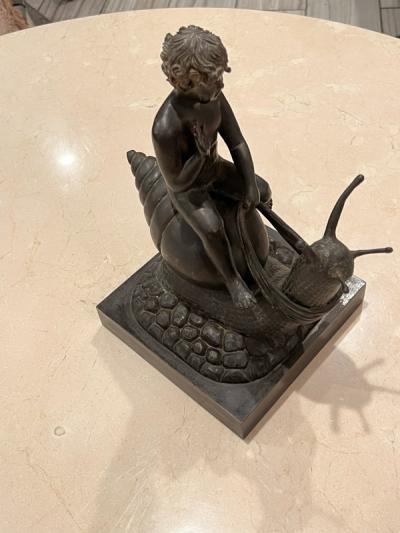 ART DECO ERA NUDE BOY RIDING SNAIL BRONZE