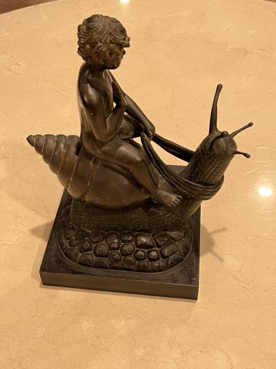 ART DECO ERA NUDE BOY RIDING SNAIL BRONZE