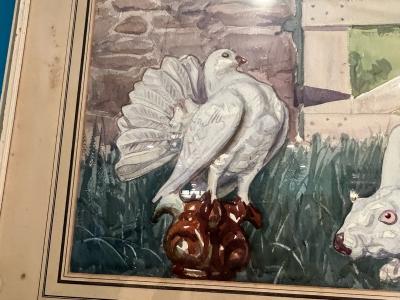ART DECO ERA WHITE RABBIT AND WHITE FANCY PIGEON AMONGST FARMHOUSE WATERCOLOR
