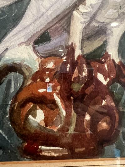 ART DECO ERA WHITE RABBIT AND WHITE FANCY PIGEON AMONGST FARMHOUSE WATERCOLOR