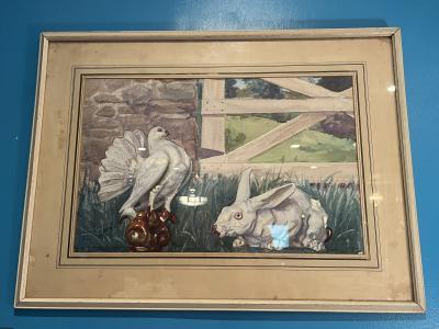 ART DECO ERA WHITE RABBIT AND WHITE FANCY PIGEON AMONGST FARMHOUSE WATERCOLOR