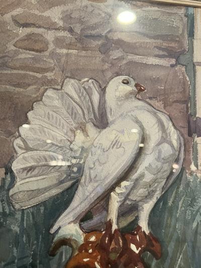ART DECO ERA WHITE RABBIT AND WHITE FANCY PIGEON AMONGST FARMHOUSE WATERCOLOR