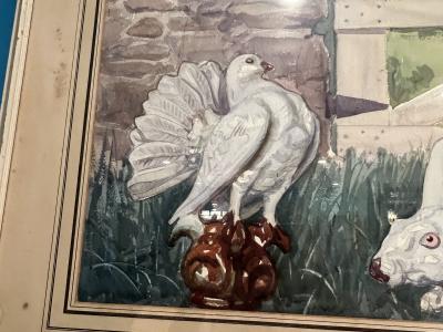 ART DECO ERA WHITE RABBIT AND WHITE FANCY PIGEON AMONGST FARMHOUSE WATERCOLOR