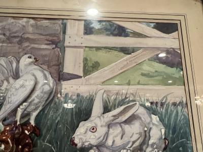 ART DECO ERA WHITE RABBIT AND WHITE FANCY PIGEON AMONGST FARMHOUSE WATERCOLOR