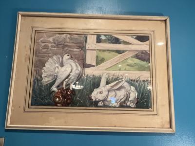ART DECO ERA WHITE RABBIT AND WHITE FANCY PIGEON AMONGST FARMHOUSE WATERCOLOR
