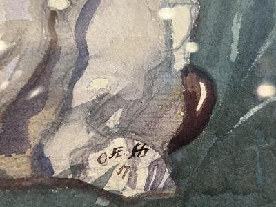 ART DECO ERA WHITE RABBIT AND WHITE FANCY PIGEON AMONGST FARMHOUSE WATERCOLOR