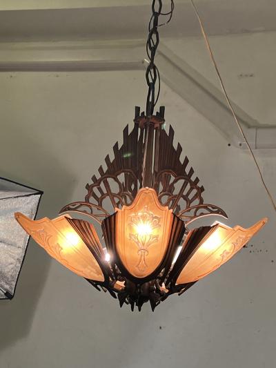 ART DECO FIVE AMBER GLASS SLIP SHADE AND ANTIQUE COPPER CHANDELIER