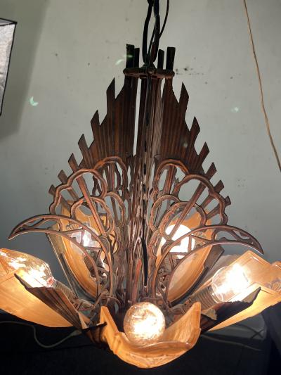 ART DECO FIVE AMBER GLASS SLIP SHADE AND ANTIQUE COPPER CHANDELIER
