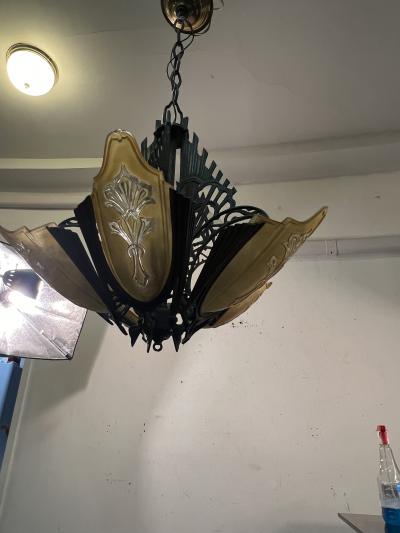 ART DECO FIVE AMBER GLASS SLIP SHADE AND ANTIQUE COPPER CHANDELIER