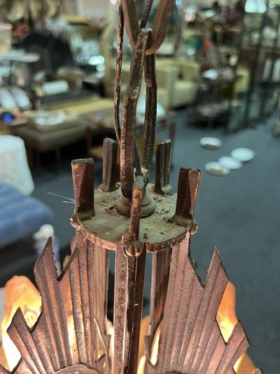 ART DECO FIVE AMBER GLASS SLIP SHADE AND ANTIQUE COPPER CHANDELIER