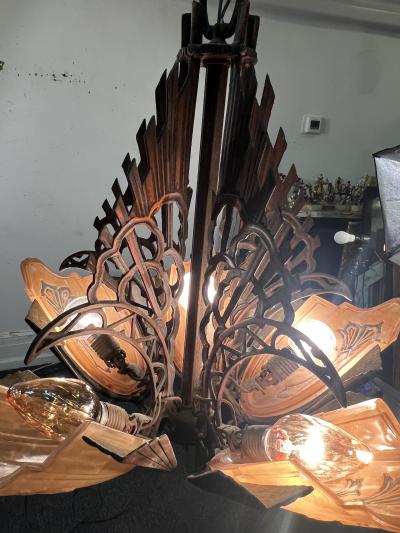 ART DECO FIVE AMBER GLASS SLIP SHADE AND ANTIQUE COPPER CHANDELIER