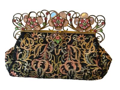ART DECO FRENCH BEADED EMBROIDERED PURSE WITH GLASS FACETED JEWELED FRAME