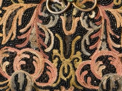 ART DECO FRENCH BEADED EMBROIDERED PURSE WITH GLASS FACETED JEWELED FRAME