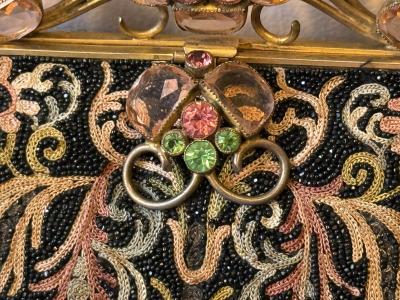 ART DECO FRENCH BEADED EMBROIDERED PURSE WITH GLASS FACETED JEWELED FRAME