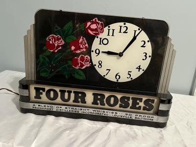 ART DECO ILLUMINATED FOUR ROSES ADVERTISING CLOCK