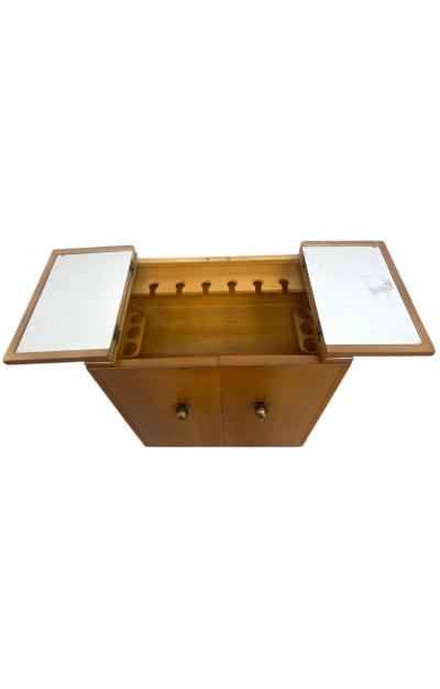 ART DECO LIGHT WOOD FITTED BAR CABINET WITH GREEK KEY FEET BY ROCKOLA