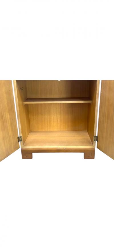 ART DECO LIGHT WOOD FITTED BAR CABINET WITH GREEK KEY FEET BY ROCKOLA