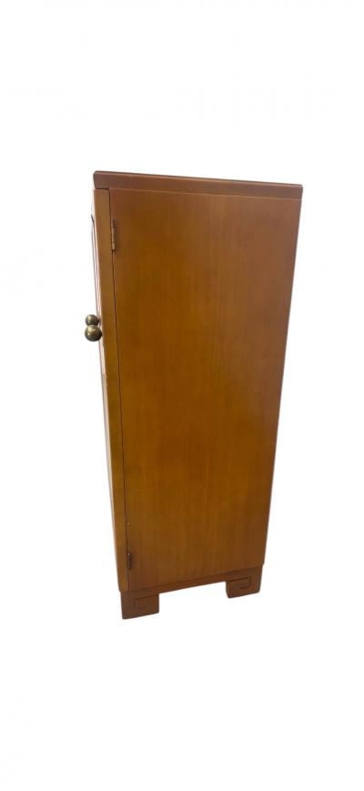 ART DECO LIGHT WOOD FITTED BAR CABINET WITH GREEK KEY FEET BY ROCKOLA