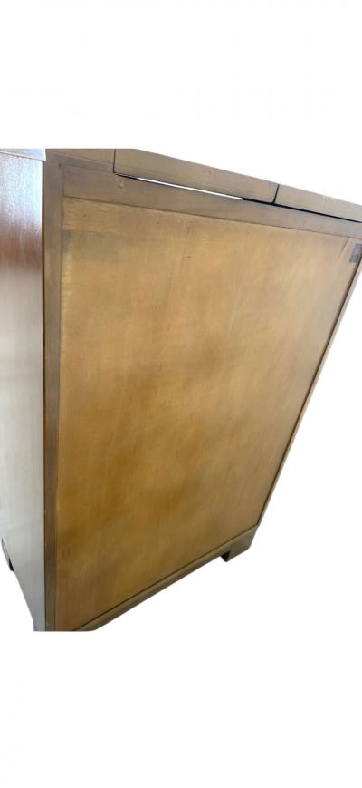 ART DECO LIGHT WOOD FITTED BAR CABINET WITH GREEK KEY FEET BY ROCKOLA