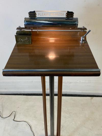 ART DECO MODERNIST ILLUMINATED COPPER AND CHROME RESERVATION STAND