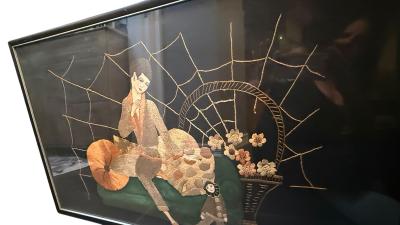 ART DECO NEEDLEWORK OF STYLIZED WOMAN SMOKING UPON DIVAN PIERROT DOLL WALL ART