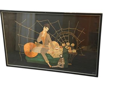ART DECO NEEDLEWORK OF STYLIZED WOMAN SMOKING UPON DIVAN PIERROT DOLL WALL ART