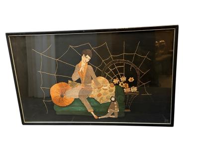 ART DECO NEEDLEWORK OF STYLIZED WOMAN SMOKING UPON DIVAN PIERROT DOLL WALL ART