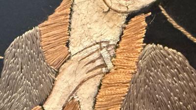 ART DECO NEEDLEWORK OF STYLIZED WOMAN SMOKING UPON DIVAN PIERROT DOLL WALL ART