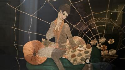 ART DECO NEEDLEWORK OF STYLIZED WOMAN SMOKING UPON DIVAN PIERROT DOLL WALL ART