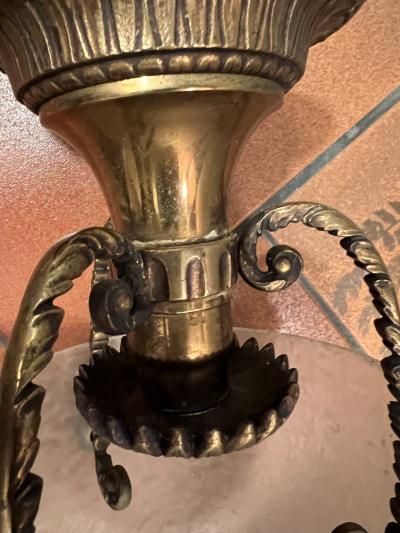 ART DECO NEOCLASSICAL GLASS AND BRONZE FLUSH MOUNT CHANDELIER