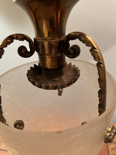 ART DECO NEOCLASSICAL GLASS AND BRONZE FLUSH MOUNT CHANDELIER