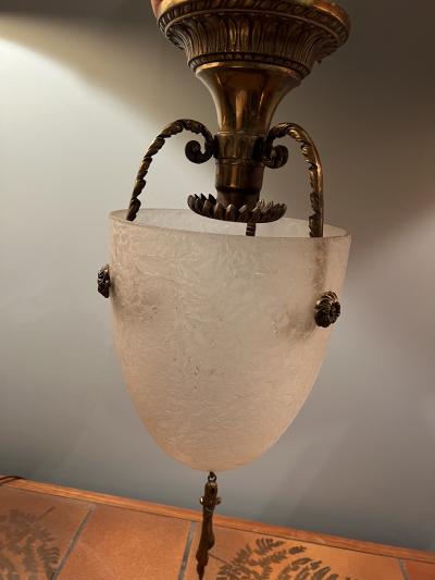 ART DECO NEOCLASSICAL GLASS AND BRONZE FLUSH MOUNT CHANDELIER